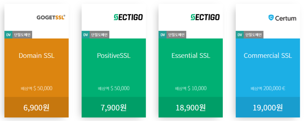 코리아 SSL에서 판매하는 인증서 가격