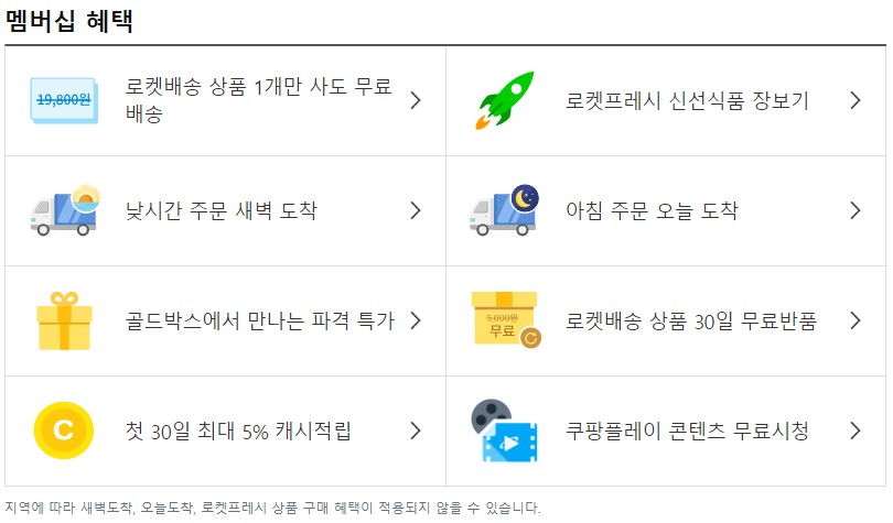 쿠팡 와우 멤버십 혜택 표