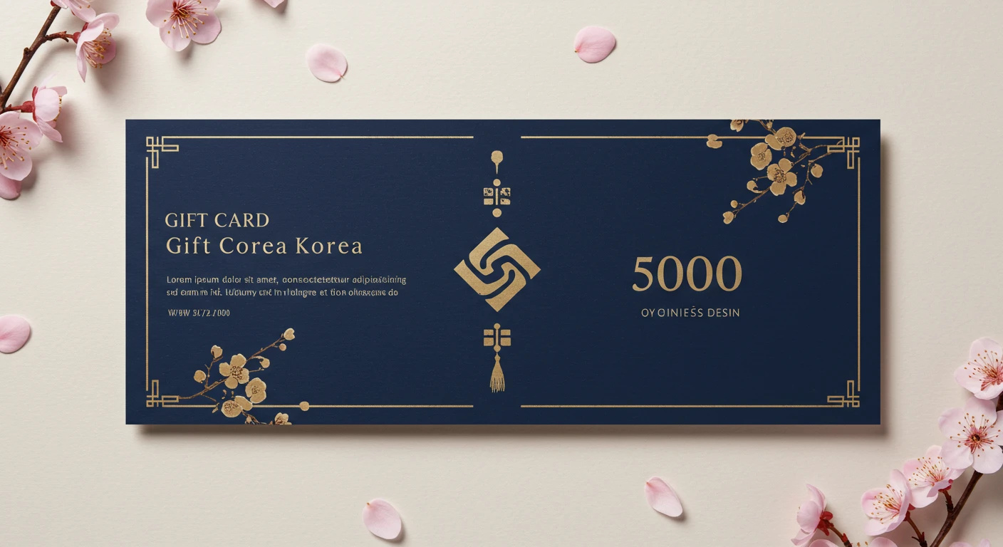 분홍 벚꽃을 사이에 두고 남색 배경의 한국식 기프트 카드 5,000원권의 상품권으로 온누리 상품권 예시로 볼 수 있다.