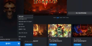 디아블로 게임 런처 화면에 게임 설정과 플레이 버튼 및 설정 팝업 메뉴가 열려 있다.